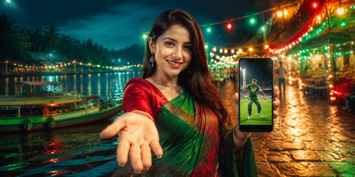 ময়মনসিংহের একজন ব্যবহারকারী লাল-সবুজ পোশাকে মোবাইলে বেটিং অ্যাপ দেখছেন